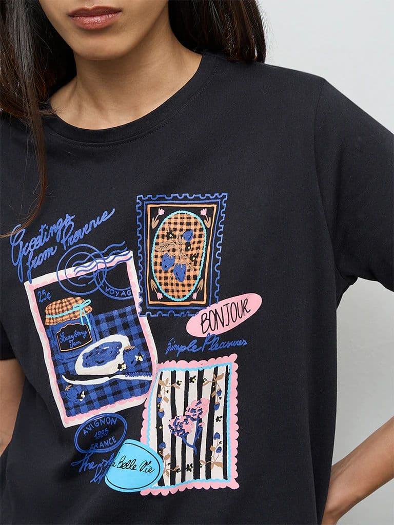 LOV Black Printed Cotton T-Shirt — photo 3