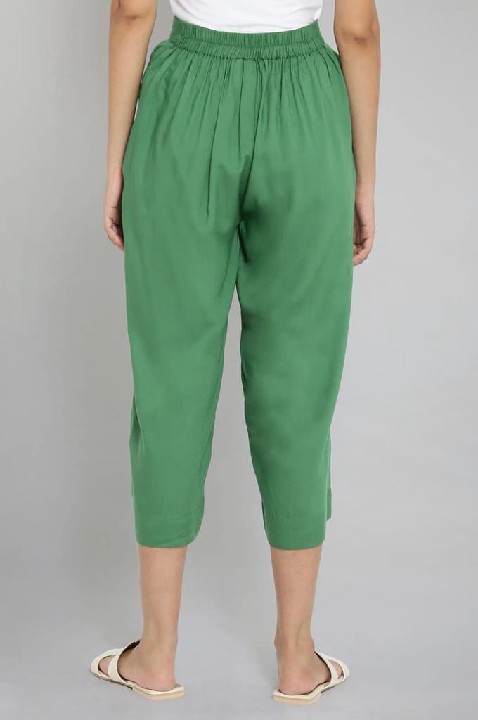 Muted Sage Green Solid Straight Fit Cotton Culottes With Elasticated Waist — photo 2