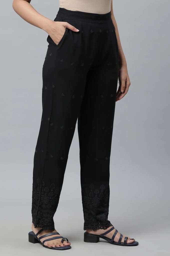 Black Schiffli Embroidered Straight Fit Woven Palazzo With Elasticated Waist — photo 2