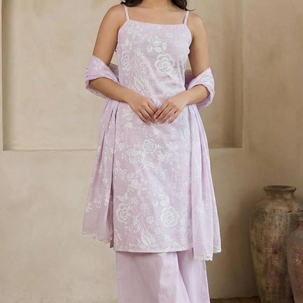 Lavender Floral Printed Pure Cotton Noodle Straps Straight Kurta with Palazzo and Dupatta Set