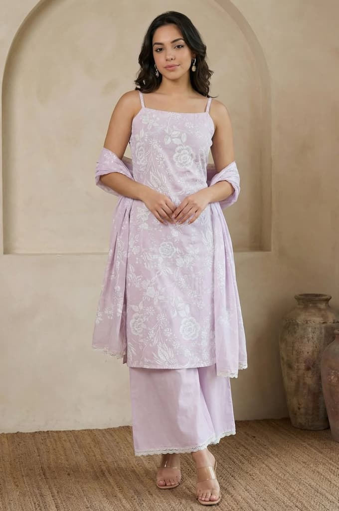 Lavender Floral Printed Pure Cotton Noodle Straps Straight Kurta with Palazzo and Dupatta Set — XS