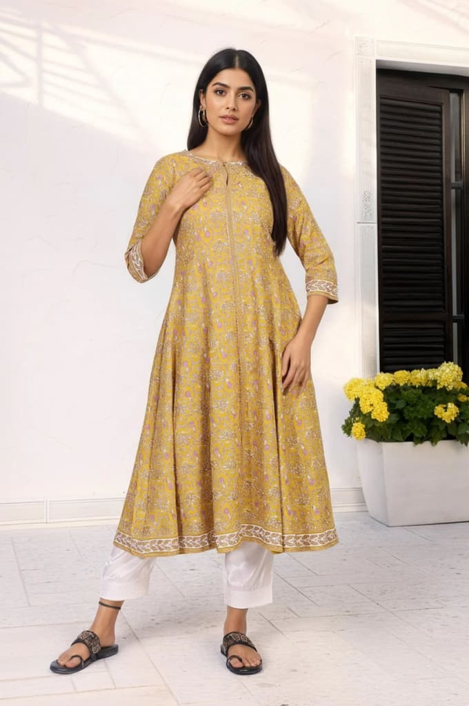 Mustard Floral Printed Rayon A-Line Kurta with Straight Pant — photo 2