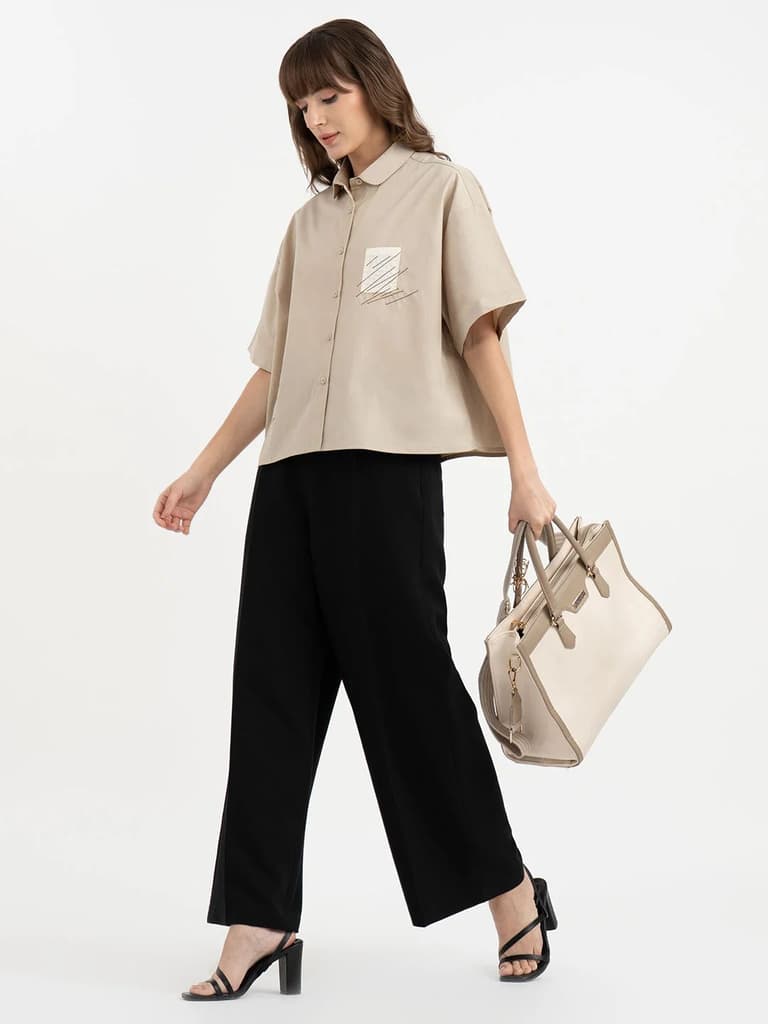 Shirts for Women in Dusty Olive | Embroidered 3/4th Sleeve Shirt — photo 5