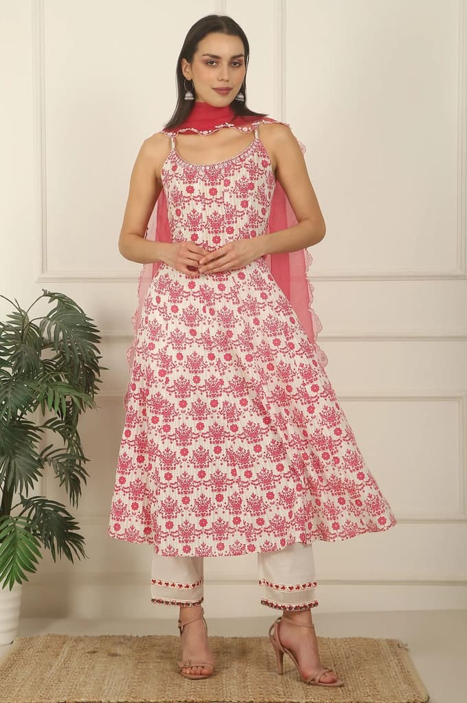 White and Pink Printed Cotton Lurex Anarkali Spaghetti Kurta, Pants and Dupatta Set — photo 2