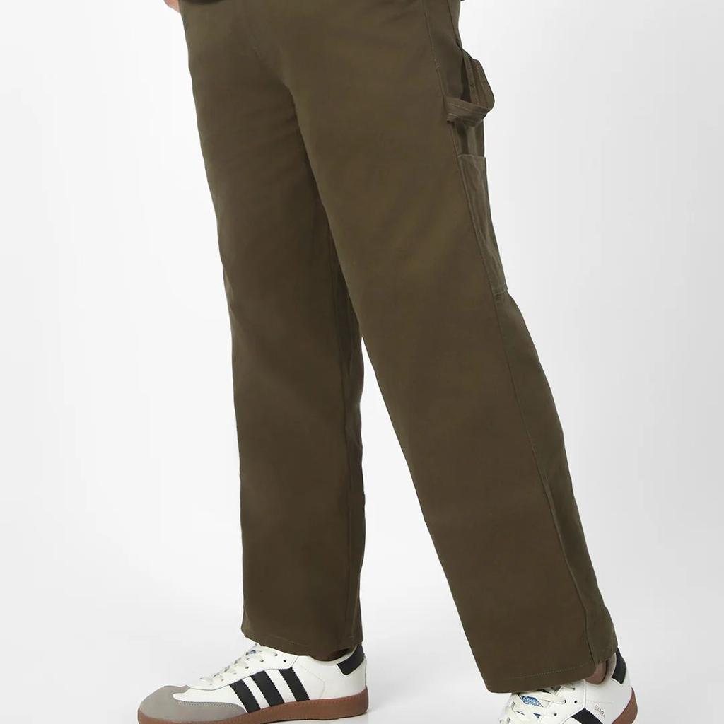 Men's Olive Loose Baggy Fit Solid Carpenter Trouser Pant with 5 Pockets Non-Stretchable