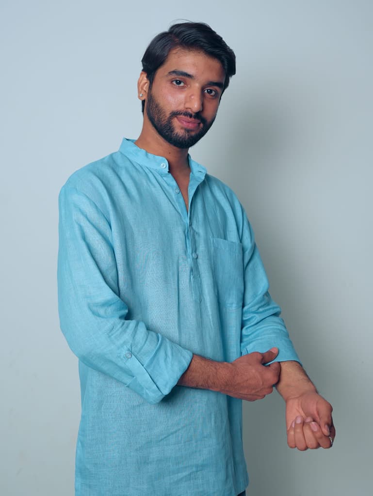 आसमानी (Aasmani) - Men Light Blue Premium Linen Short Kurta — photo 4
