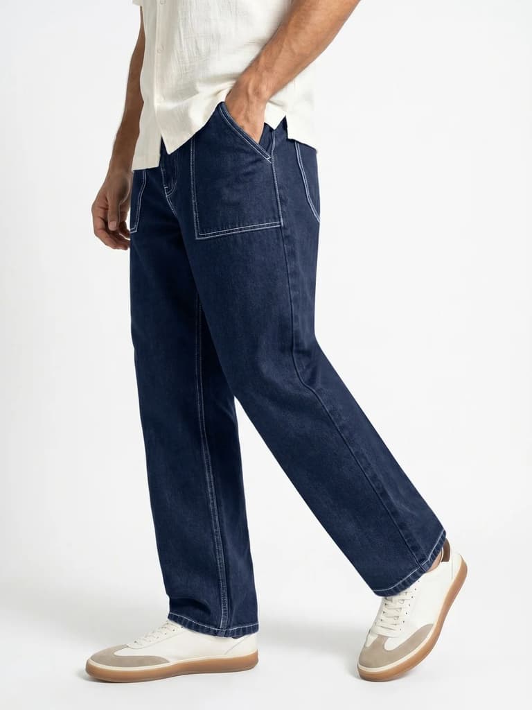 Men's Blue Loose Baggy Fit Washed Denim Jeans Non-Stretchable — photo 2