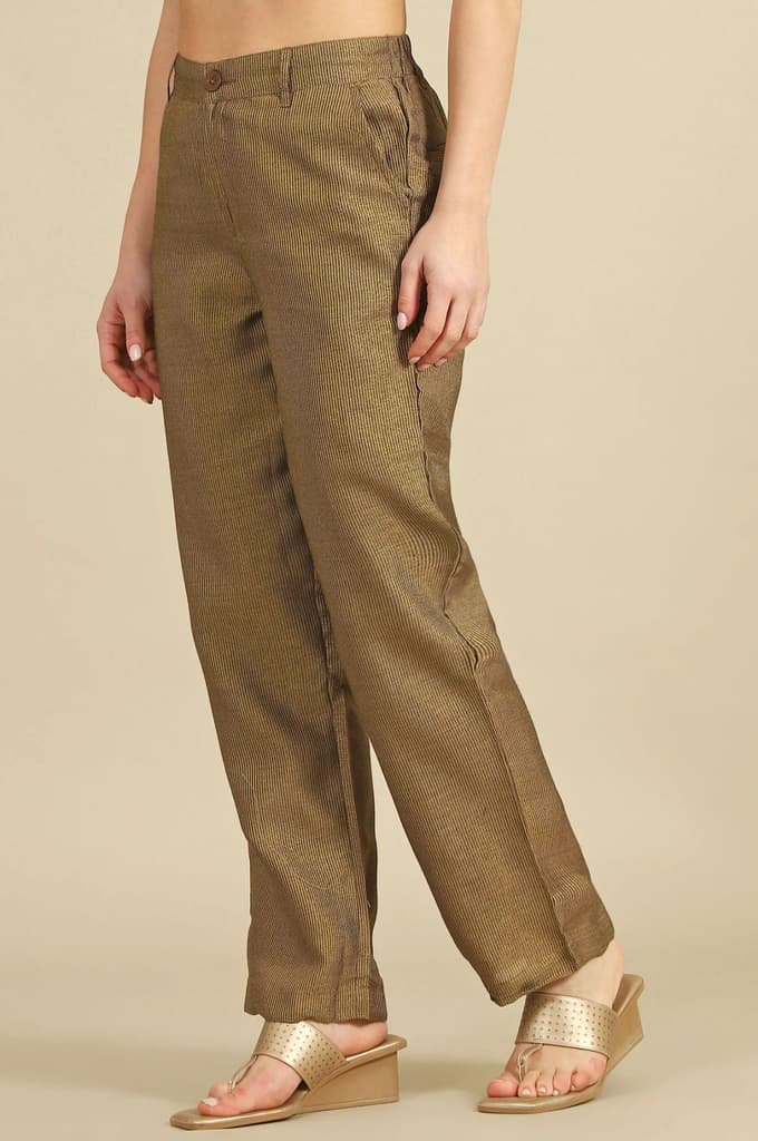 Brown Yarn Dyed Straight Fit Pants With YKK Zipper — photo 4