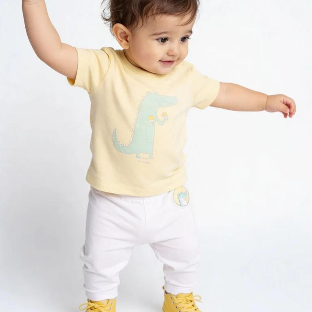 HOP Baby Boys Yellow Printed Cotton T-Shirt and Pants Set