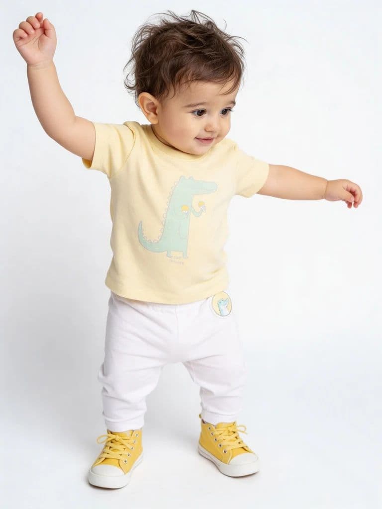 HOP Baby Boys Yellow Printed Cotton T-Shirt and Pants Set