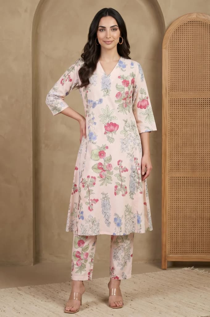 Peach Floral Printed Pure Cotton Straight Fit Pants — photo 5