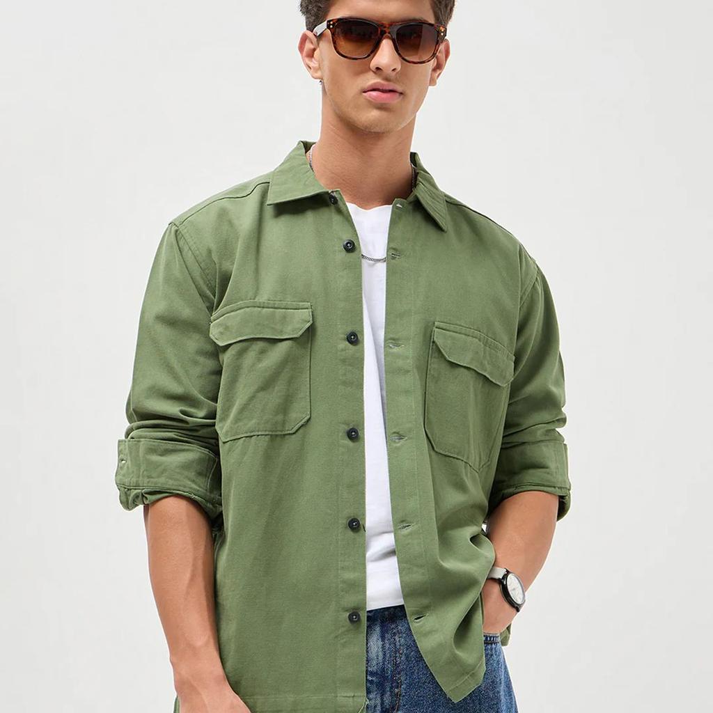 Men's Green Cotton Full Sleeve Relaxed Fit Shacket with Utility Pockets