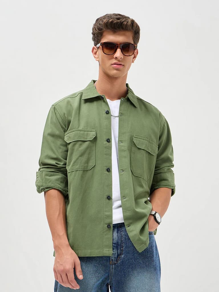 Men's Green Cotton Full Sleeve Relaxed Fit Shacket with Utility Pockets — S / Green