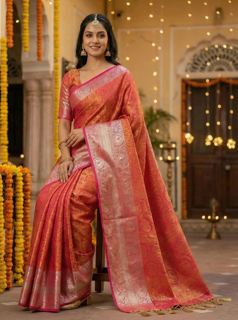 MIMOSA Women's Woven Design Banarasi Style Art Silk Saree with Blouse Piece - Rani ( SA00003133RNFREE ) — photo 3