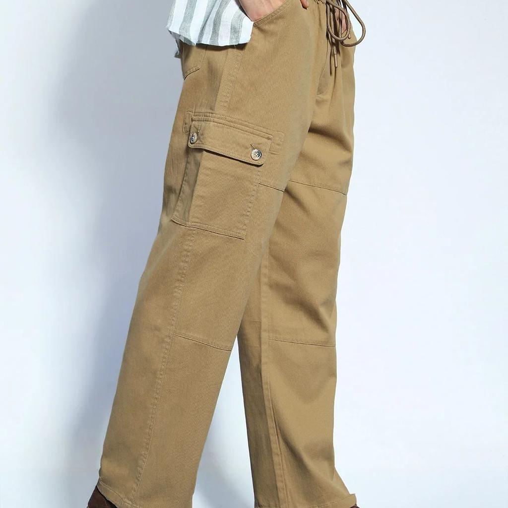 Men's Khaki Loose Baggy Fit Cargo Jogger Chino Pant with 6 Pockets Stretchable