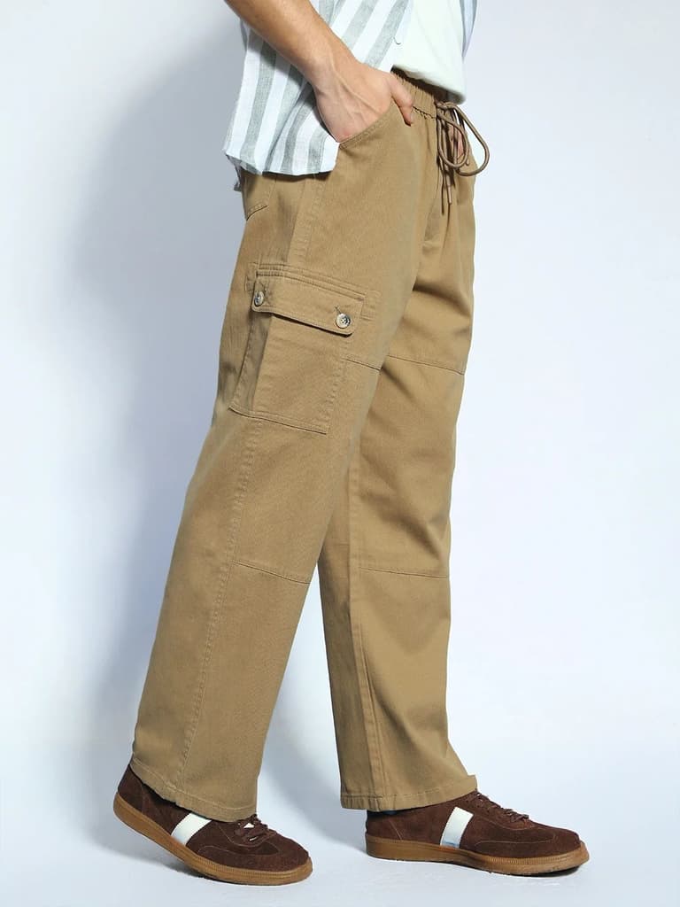 Men's Khaki Loose Baggy Fit Cargo Jogger Chino Pant with 6 Pockets Stretchable — 28 / Khaki