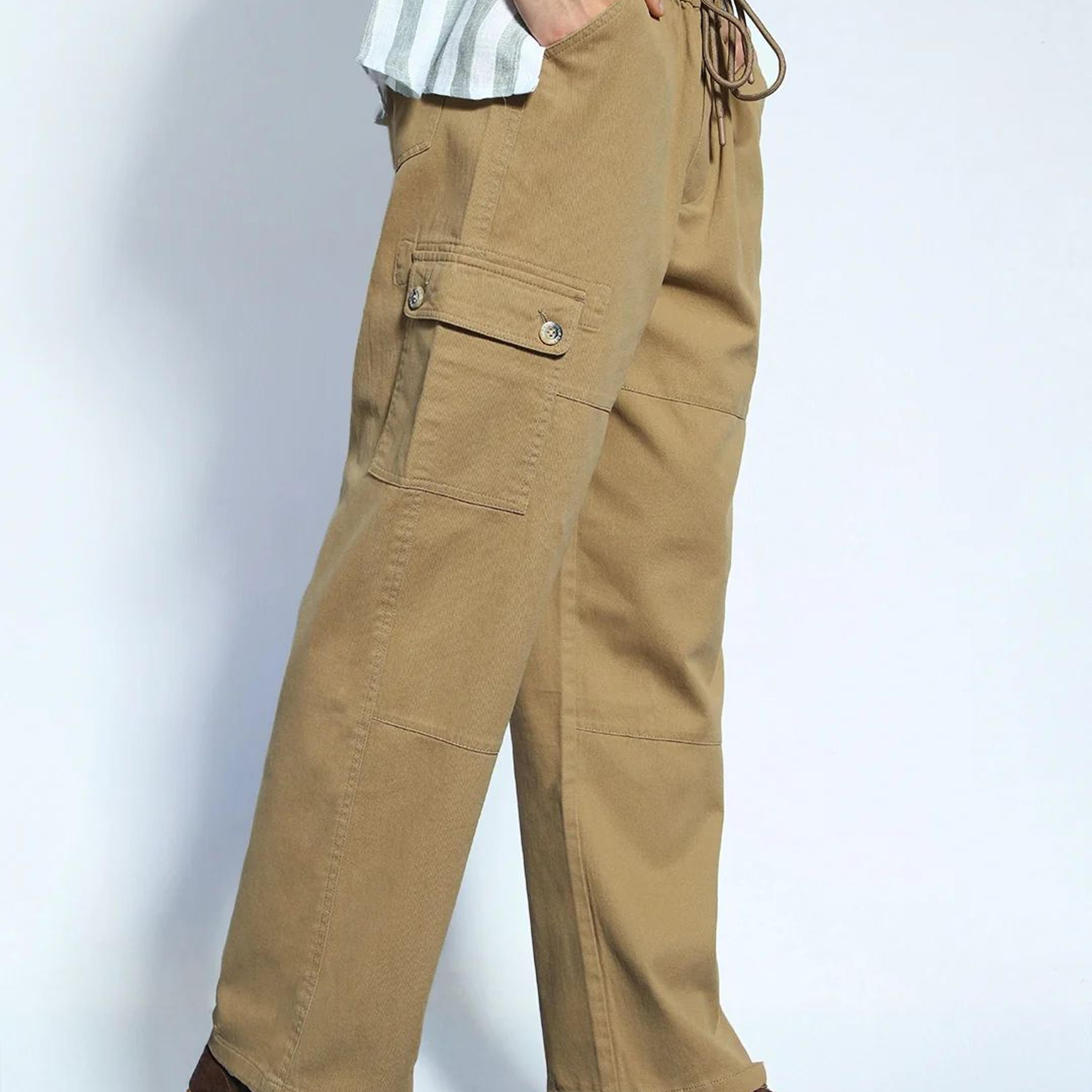 Men's Khaki Loose Baggy Fit Cargo Jogger Chino Pant with 6 Pockets Stretchable