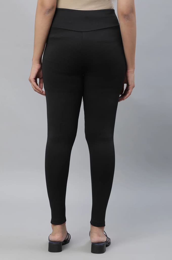 Black Solid Skinny Fit Tights With Criss Cross Waistband — photo 3