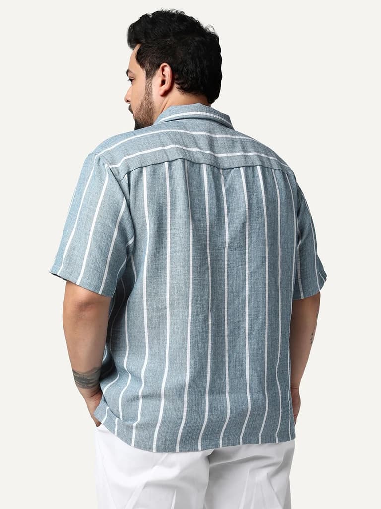Plus Men's Aqua Cotton Half Sleeve Relaxed Fit Linen Striped Shirt with Cuban Collar — photo 3