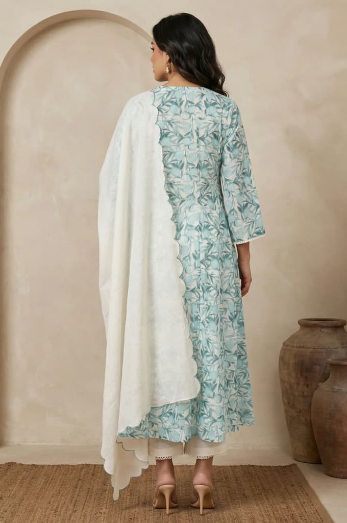 White and Green Floral Printed Kota Straight Kurta with Straight Pants and Dupatta Set — photo 5