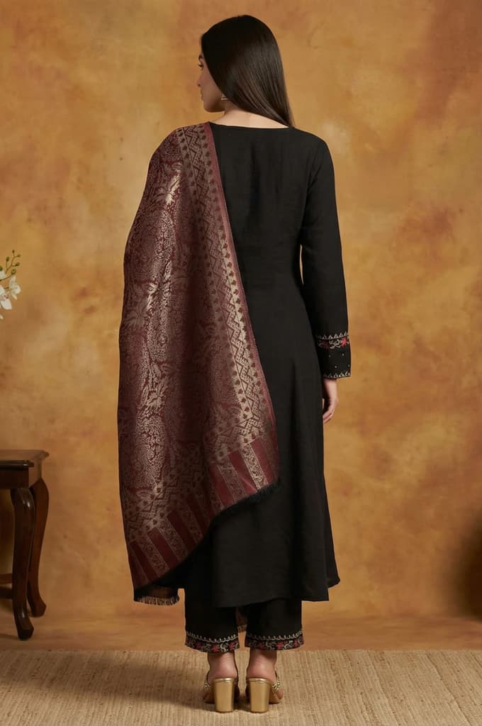 Black Solid Rayon Blend Straight Kurta with Straight Pant and Shawl Set — photo 4