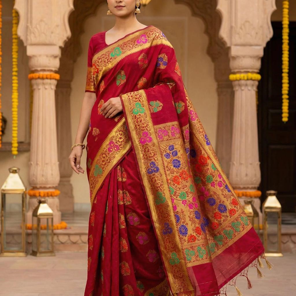 MIMOSA Women's Woven Design Paithani Style Art Silk Saree with Blouse Piece - Maroon ( SA00003125MRFREE )