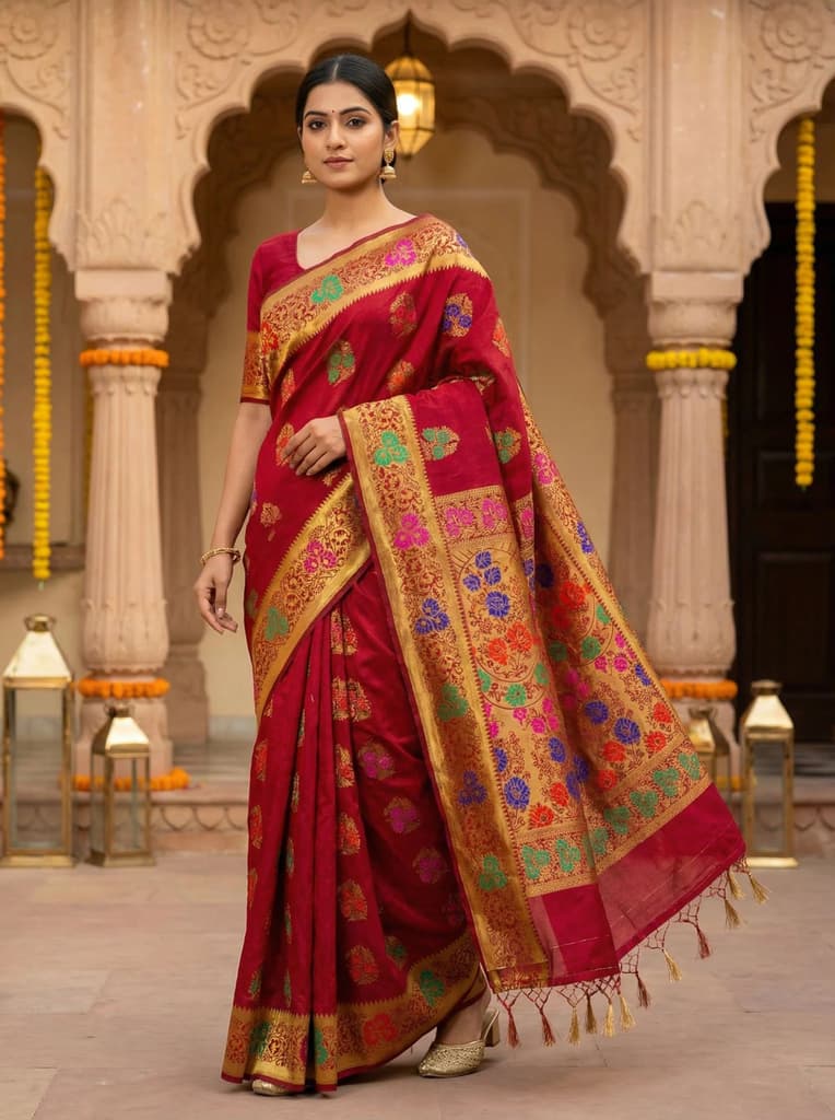 MIMOSA Women's Woven Design Paithani Style Art Silk Saree with Blouse Piece - Maroon ( SA00003125MRFREE )