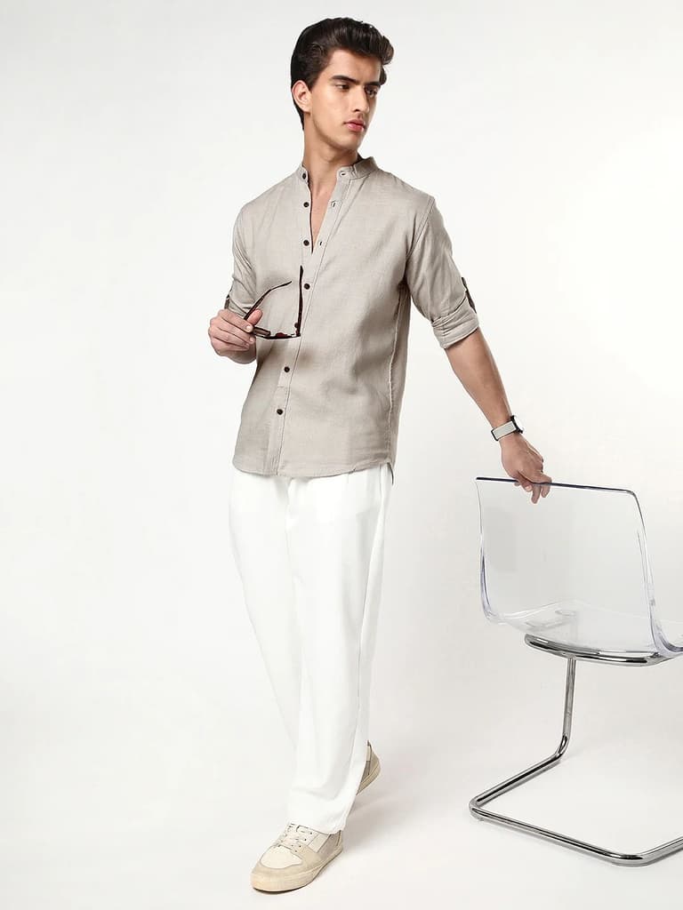 Men's Grey Linen Blend Full Sleeve Relaxed Fit Mandarin Collar Casual Solid Shirt — photo 4