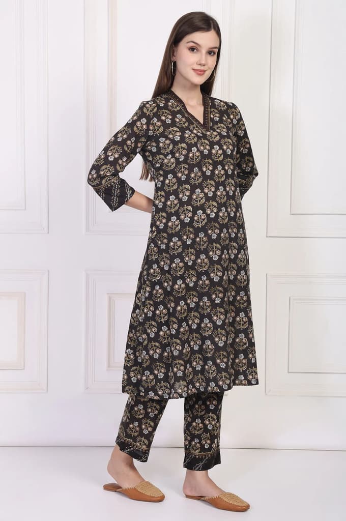Black Floral Printed Embellished A-Line Cotton Kurta with Straight Pant and Dupatta Set — photo 6