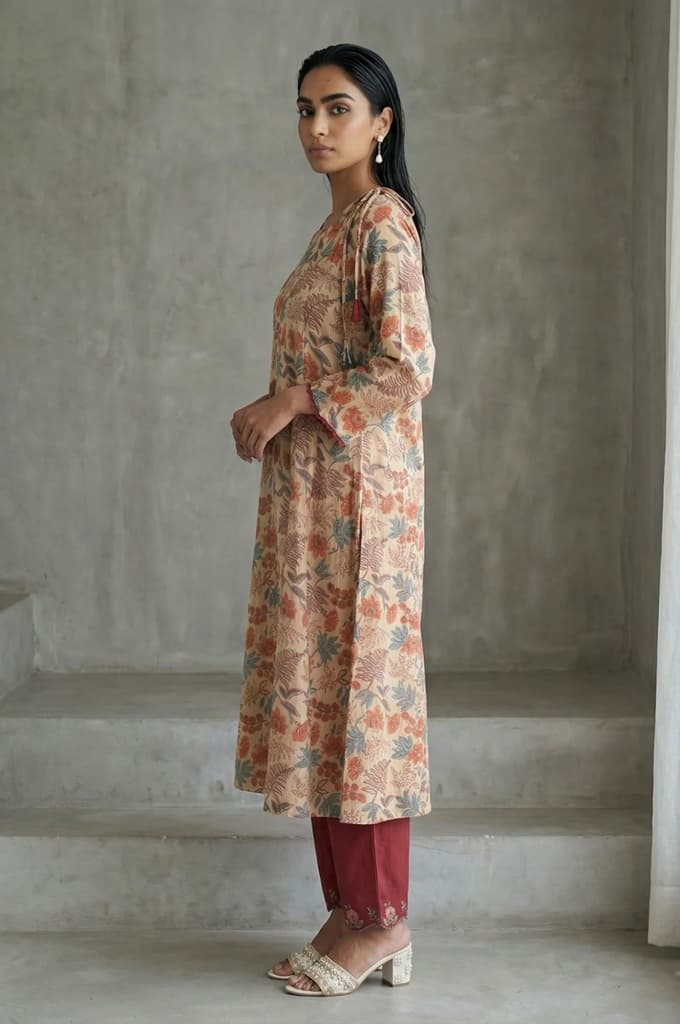 Beige Block Printed Tassel Pure Cotton A-line Kurta — photo 3