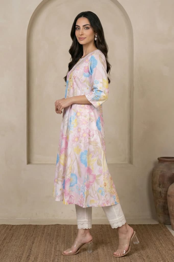 Pink Floral Printed Pure Cotton A-line Kurta — photo 4