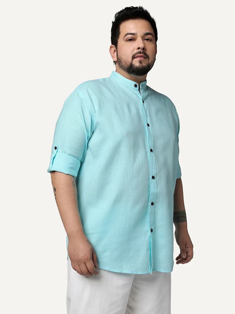 Plus Men's Sky Blue Linen Blend Full Sleeve Relaxed Fit Mandarin Collar Casual Solid Shirt — photo 2