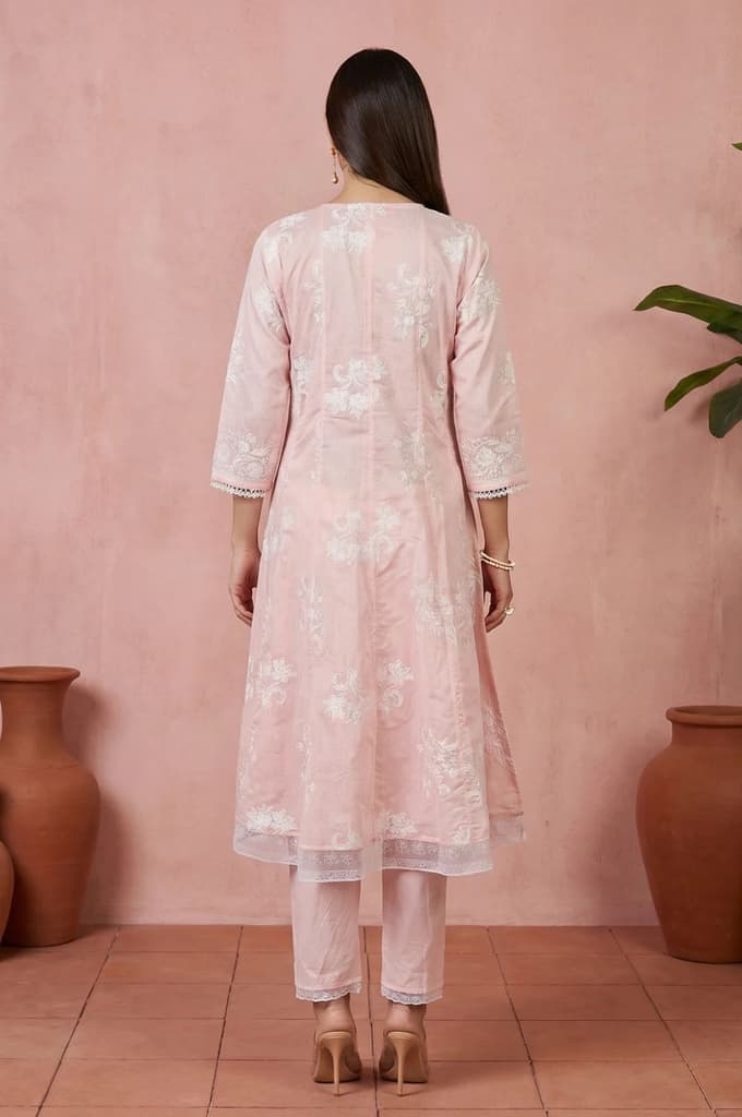 Pink Embroidered Floral Printed Chanderi Straight Kurta with Straight Pants Set — photo 5