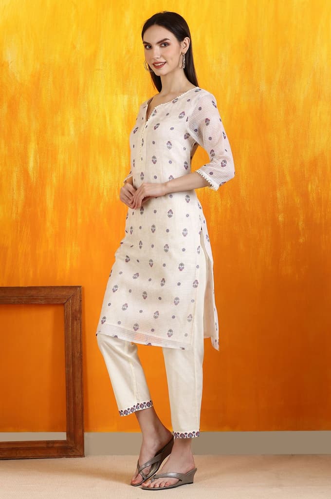 Light Beige Floral Printed Straight Kota Kurta, Pants and Dupatta Set — photo 5