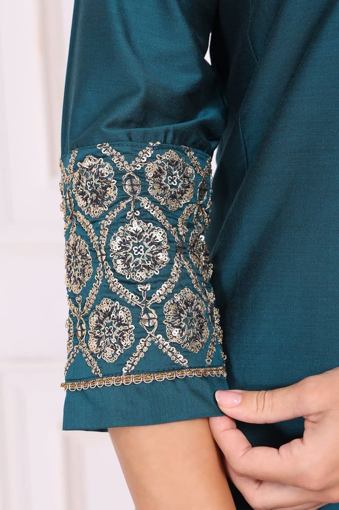 Teal Solid Metallic Embroidered Straight Kurta — photo 7