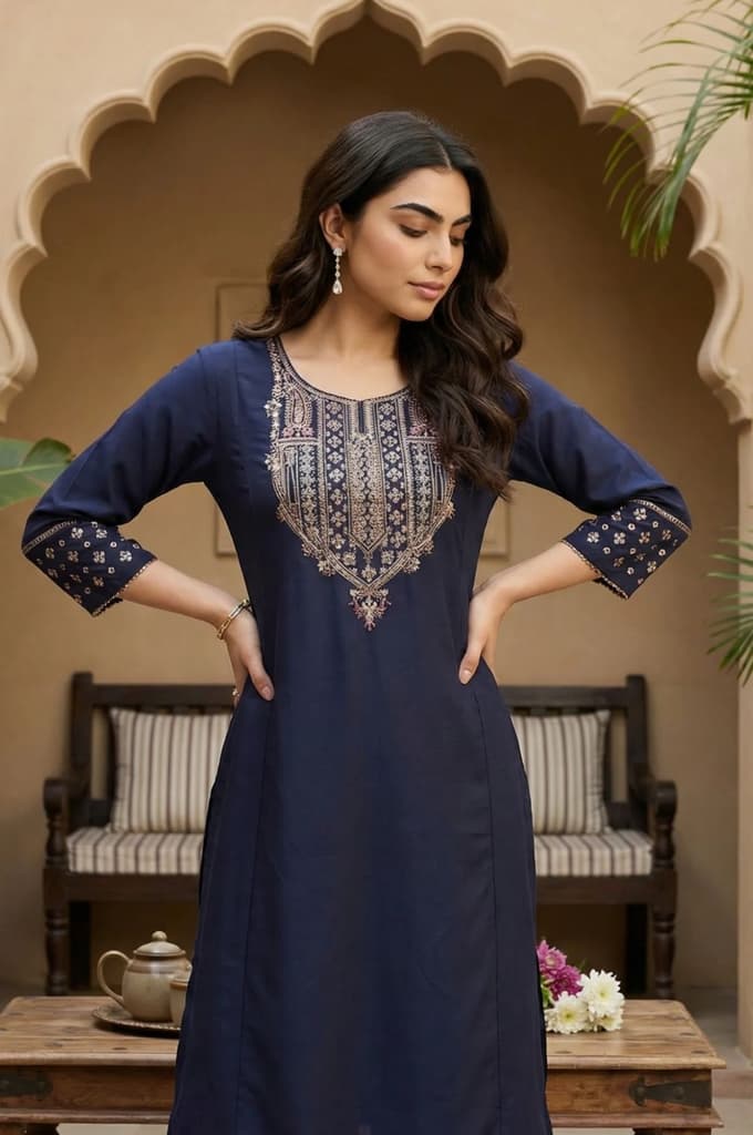 Navy Blue Embroidered Straight Kurta — photo 2