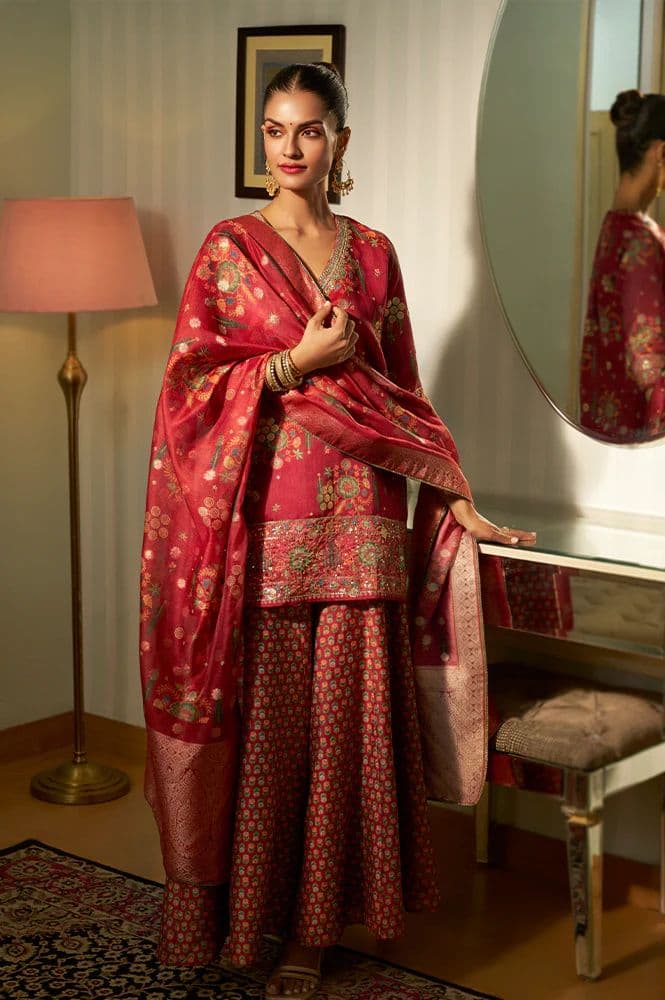 Red Embroidered Straight Jacquard Kurta with Sharara and Dupatta Set — XS