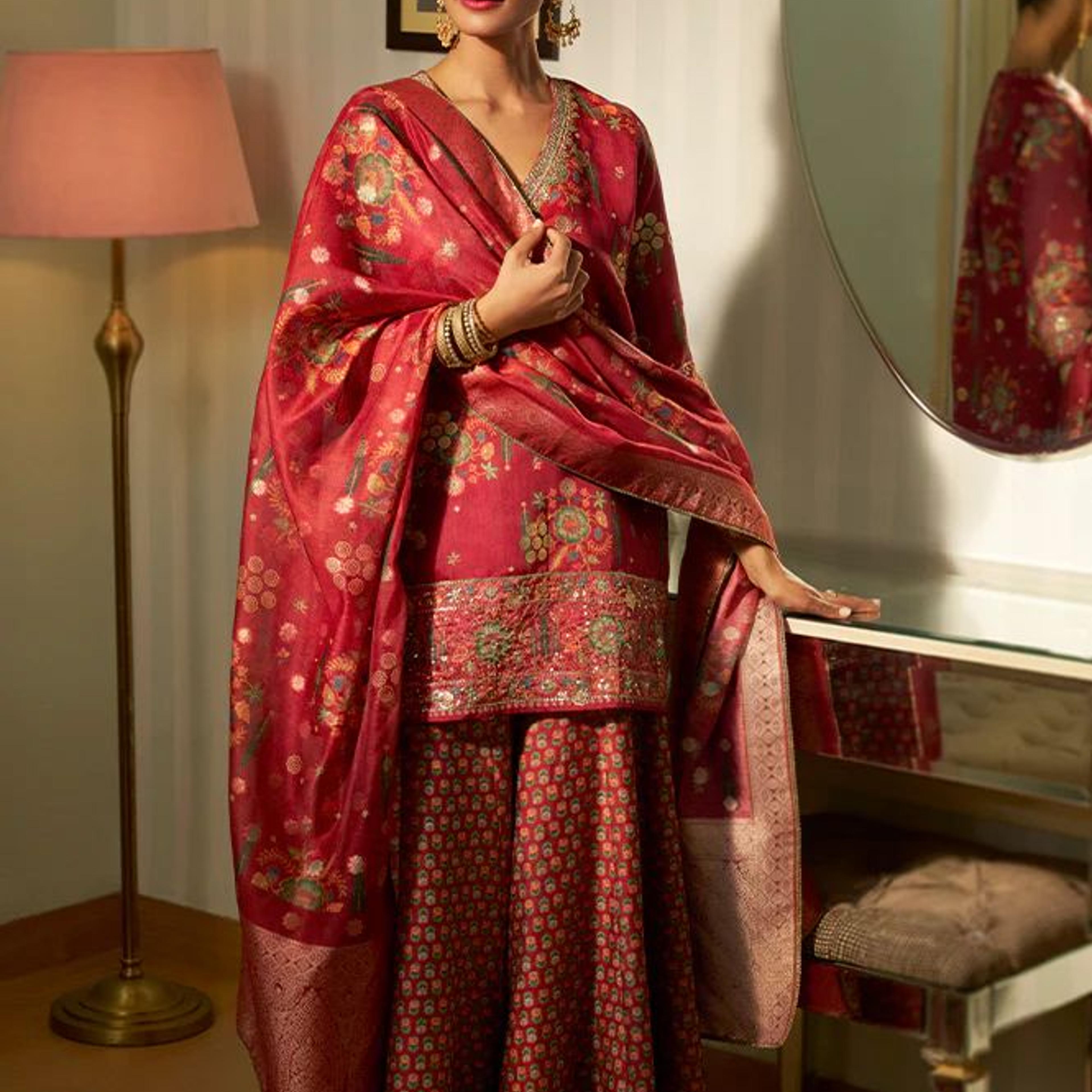 Red Embroidered Straight Jacquard Kurta with Sharara and Dupatta Set