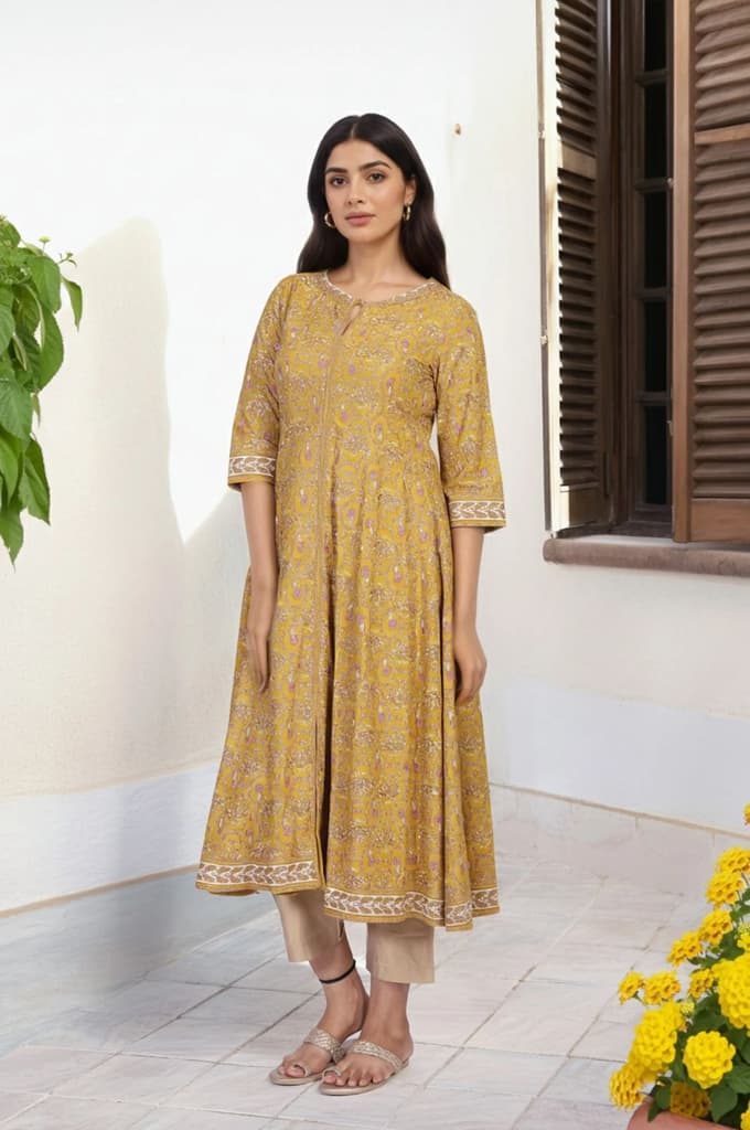 Mustard Floral Printed Anarkali Rayon Kurta — photo 6