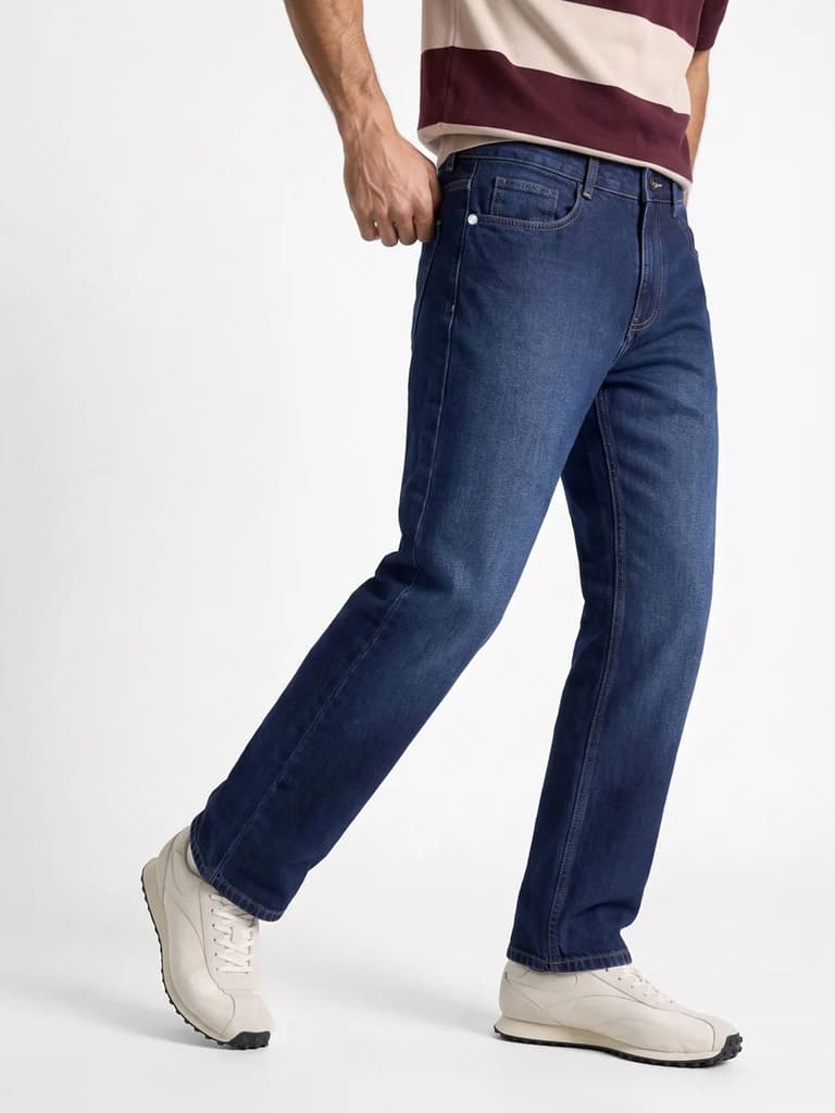 Men's Dark Blue Relaxed Fit Washed Denim Jeans Non-Stretchable — photo 2