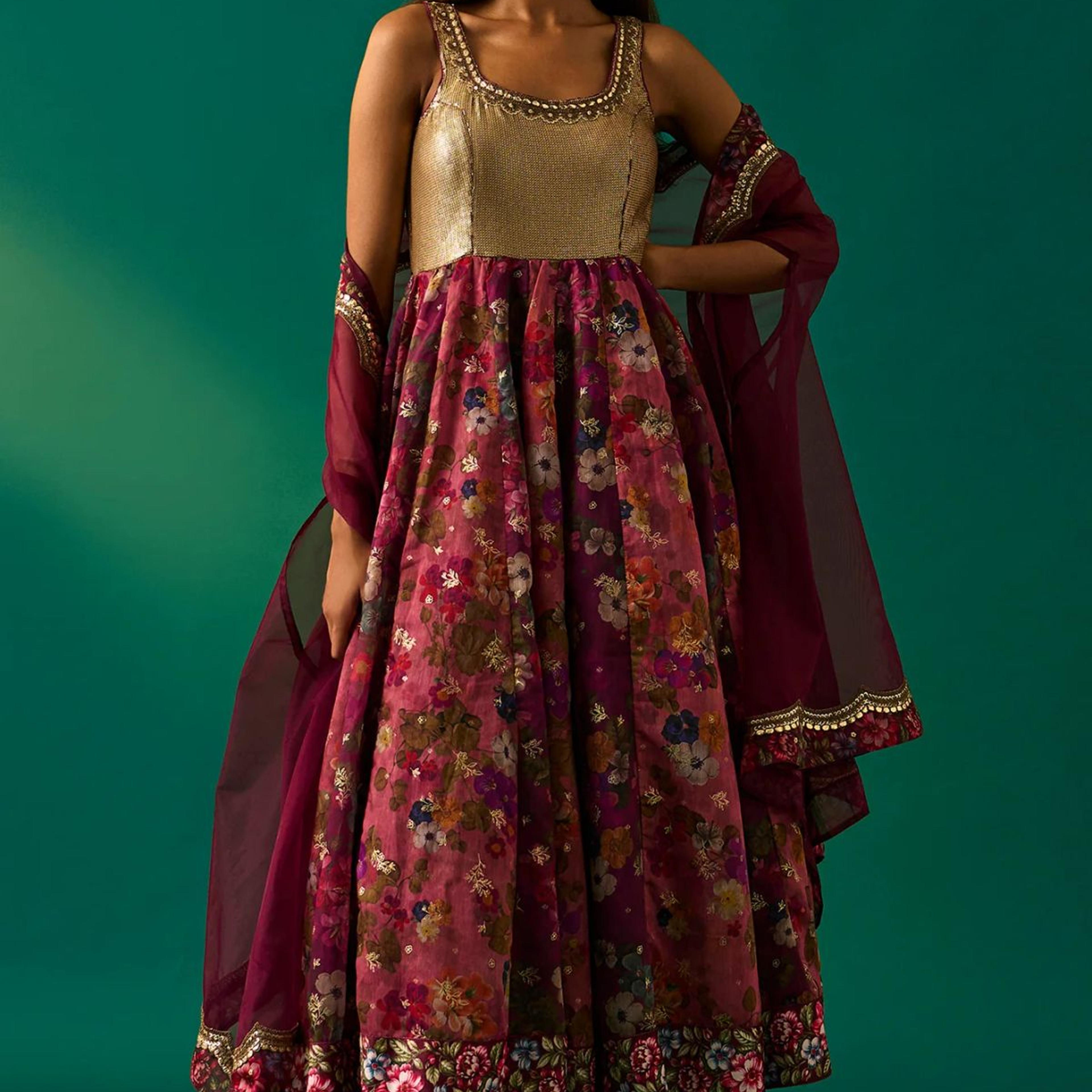 Maroon Floral Printed Embellished Anarkali Crepe Dress with Churidar and Cape Set