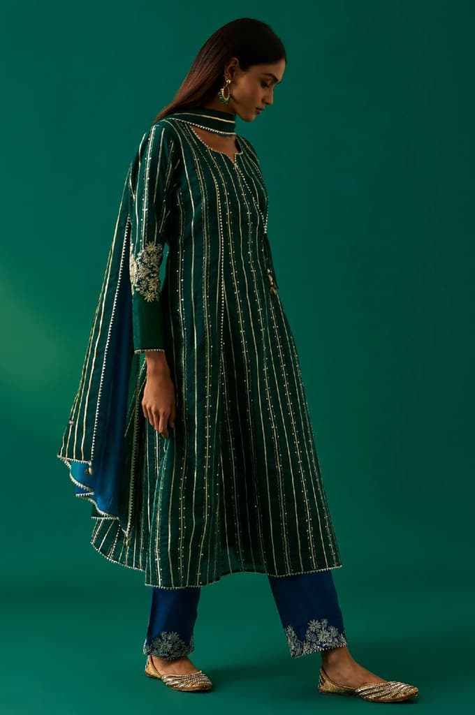 Green Striped Embroidered Angrakha Rayon Kurta with Trouser and Dupatta Set — photo 5