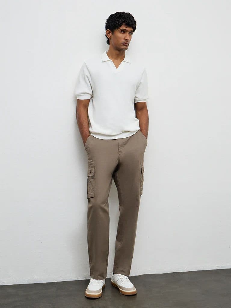 WES Casuals Dark Taupe Relaxed-Fit Mid-Rise Cotton Cargo Pants