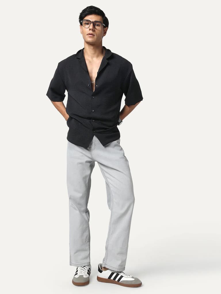 Men's Black Cotton Half Sleeve Relaxed Fit Textured Shirt with Cuban Collar — photo 4
