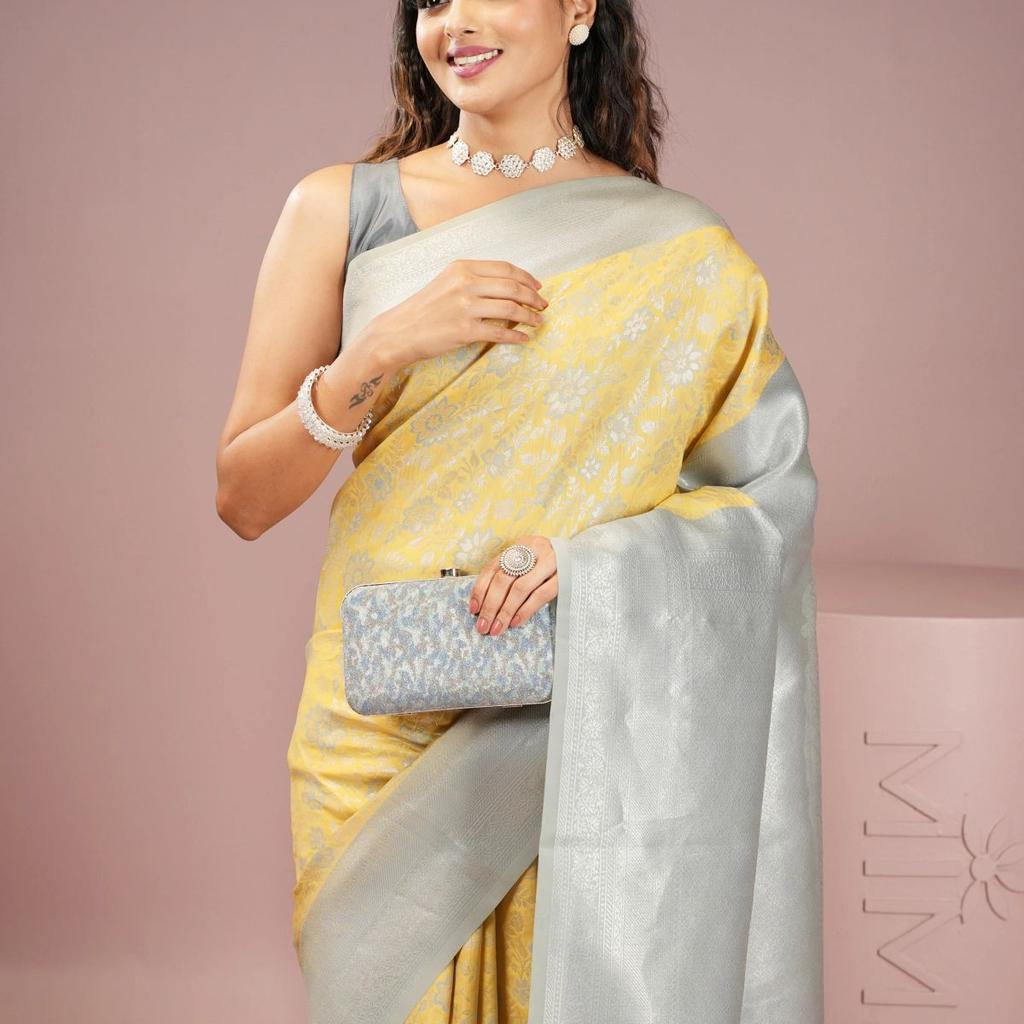 Mimosa Women's Woven Design Kanjivaram Style Art Silk Saree With Blouse Piece : SA00002003YLWFREE