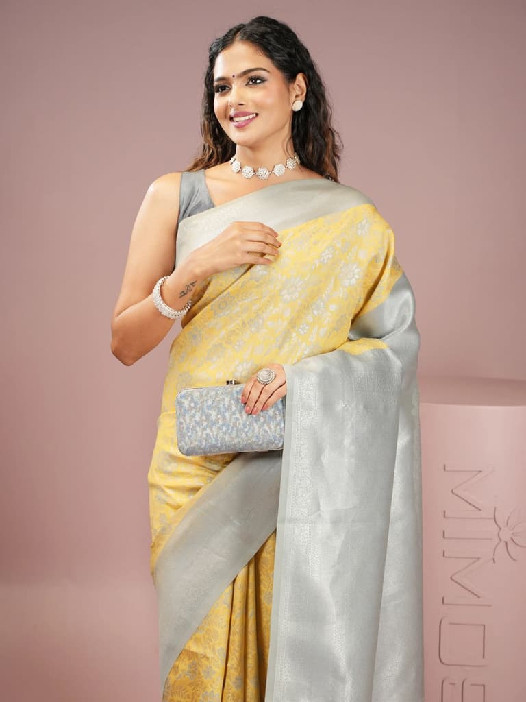 Mimosa Women's Woven Design Kanjivaram Style Art Silk Saree With Blouse Piece : SA00002003YLWFREE — Yellow