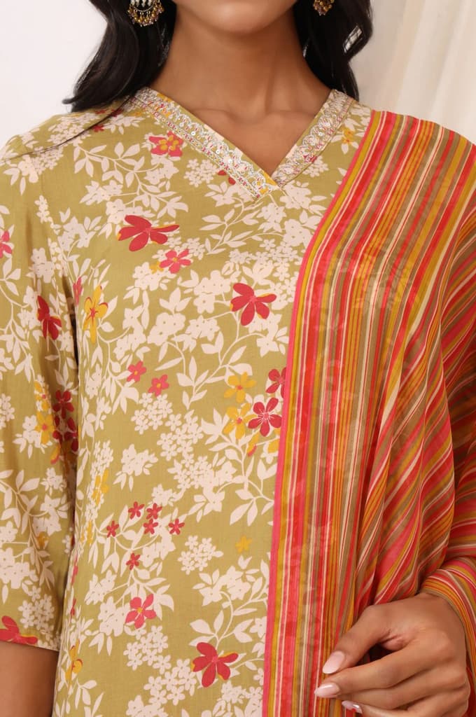 Beige Floral Printed Pure Cotton Straight Kurta, Pants and Dupatta Set — photo 4