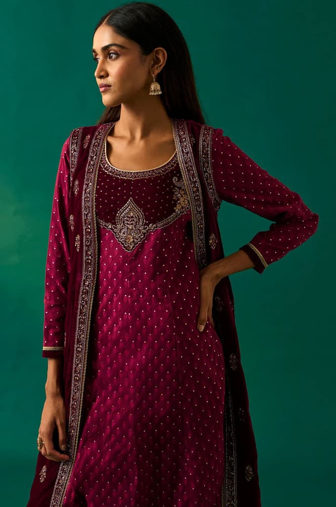 Maroon Embroidered Anarkali Georgette Gilet with Dress and Churidar Set — photo 2