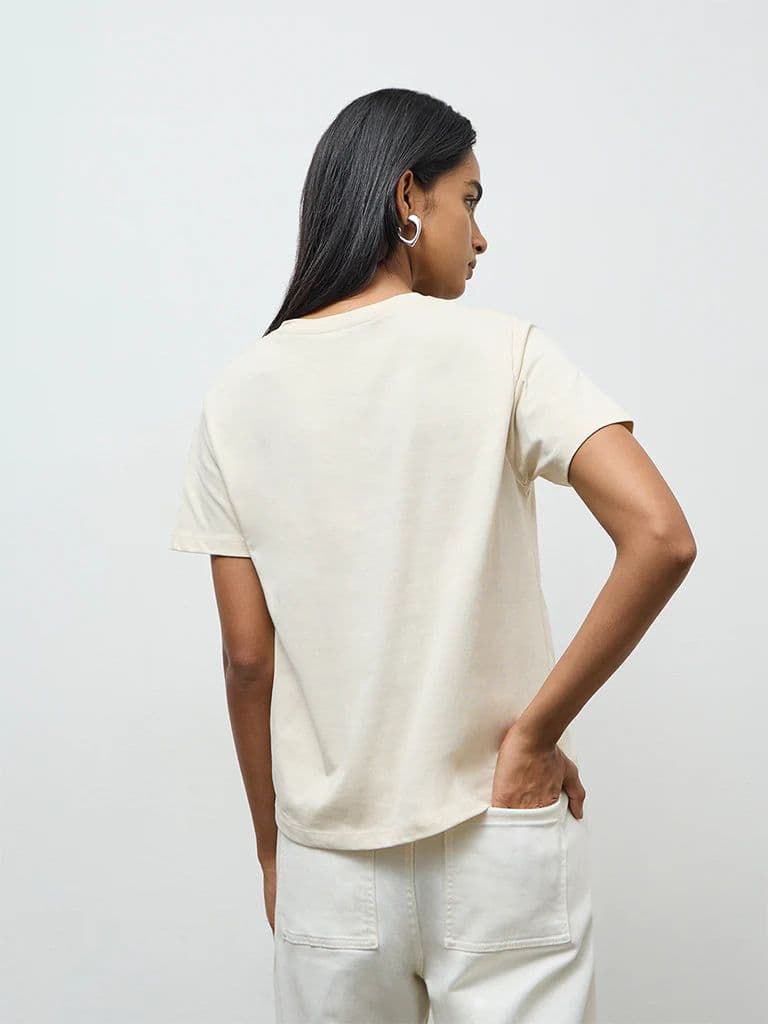 LOV Light Beige Printed Cotton T-Shirt — photo 4