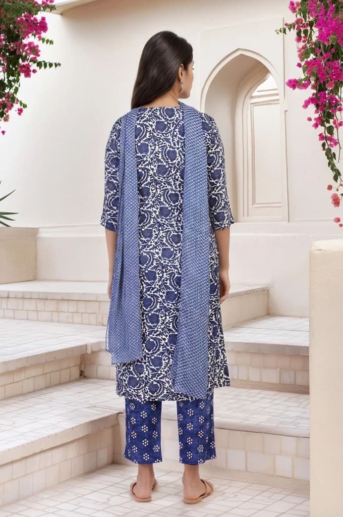 Blue Floral Printed Straight Kurta with Straight Pant and Dupatta Set — photo 5